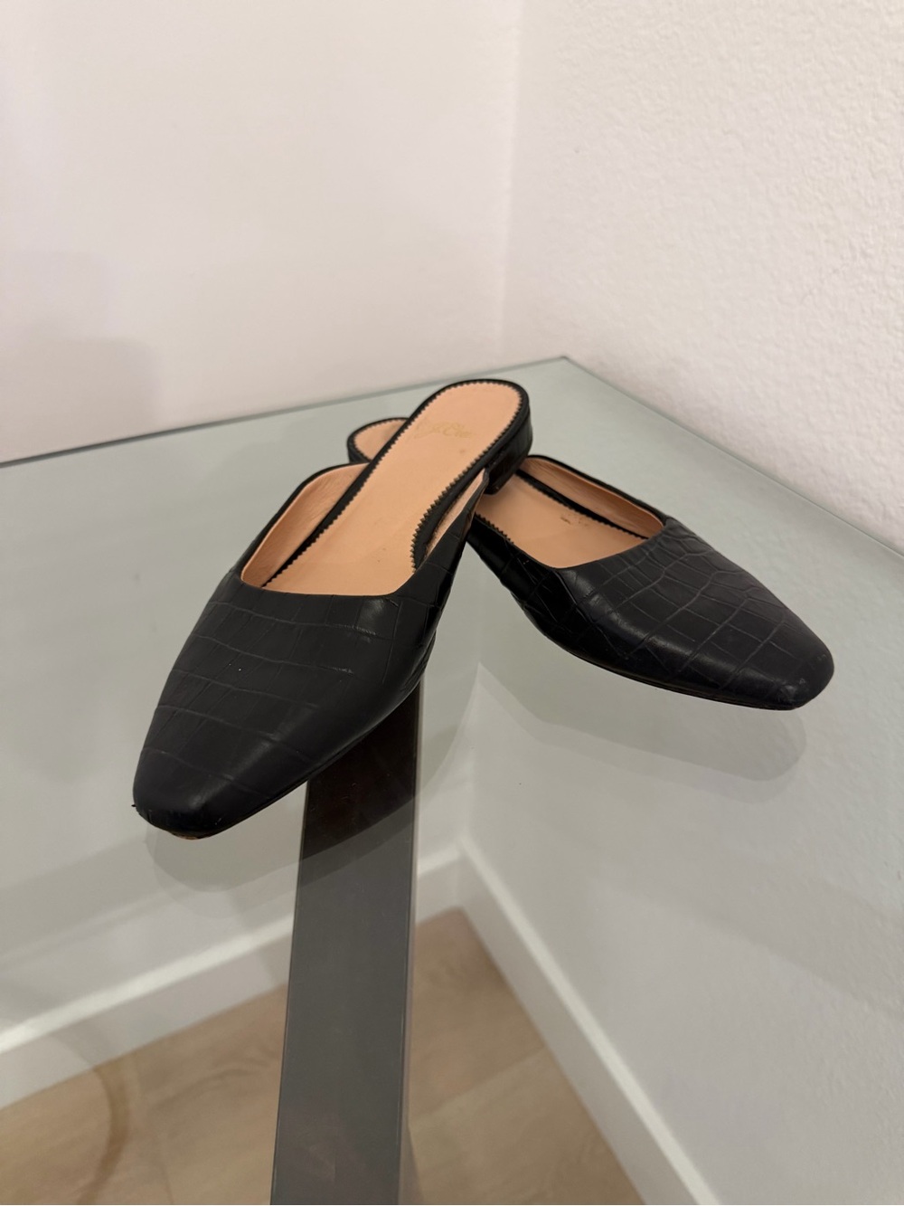 J.Crew Carolyn Black Croc Embossed Leather Mule Flats Size 8